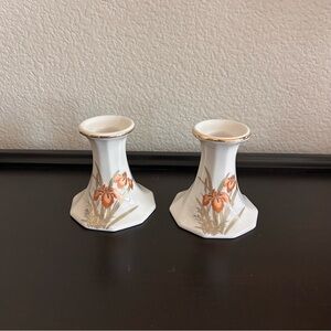 Vintage Fine China Japan Iris Candle Holders Set of 2 gold trim